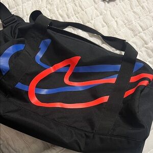 Nike Black Duffel Bag with Red and Blue Design